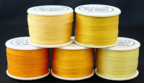 ThreadNanny 5 Spools 100% Pure Embroidery Silk Ribbon 4mm x 55 yards Yellow Tones Embroidery Silk Ribbon Embroidery Supplies/Kits - Image 1